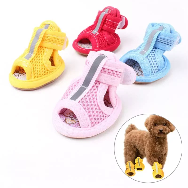 Zapatos de verano antideslizantes para perros pequeños, sandalias transpirables para mascotas, calcetines, zapatillas para cachorros y gatos, color rosa, 4 unids/set