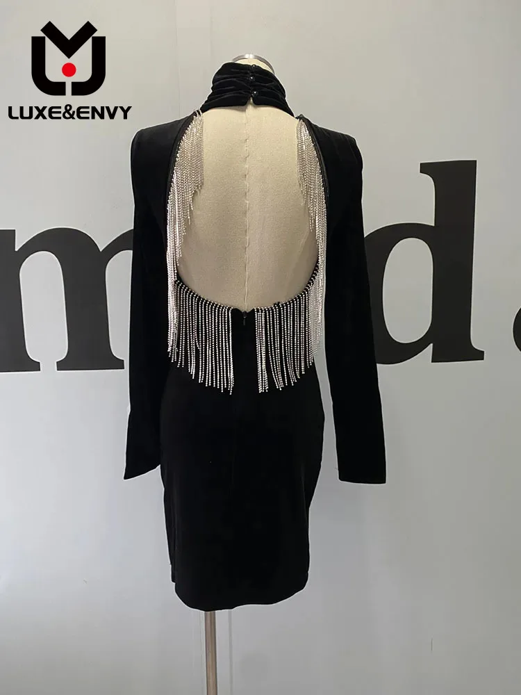 

LUXE&ENVY 2021 New Sexy Long Sleeved Open Back Tassel Diamond Grand Velvet Dress 2023 Autumn