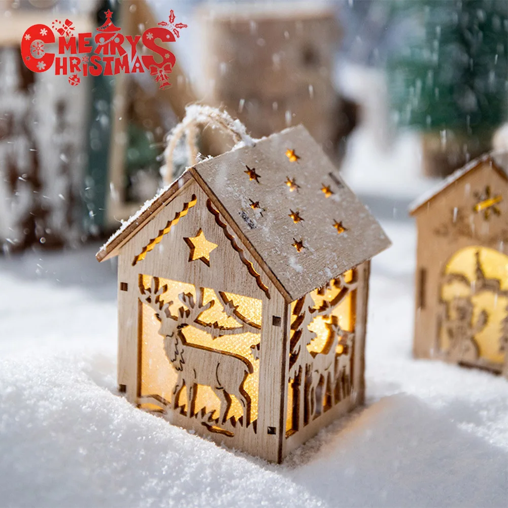

DIY Natural Wooden Hanging Log Cabin With Warm LED Lights Christmas Ornaments Wood Glowing Castle Lamp New Year Gifts Kids Toys
