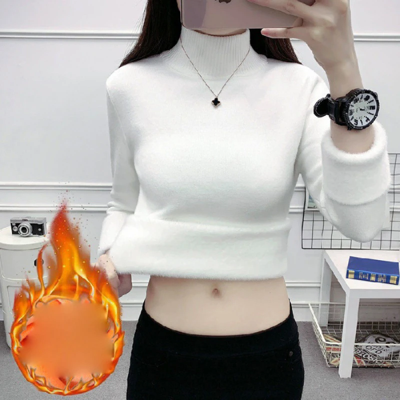 Зимняя одежда Женский плюшевый свитер облегающая теплая водолазка на флисовой