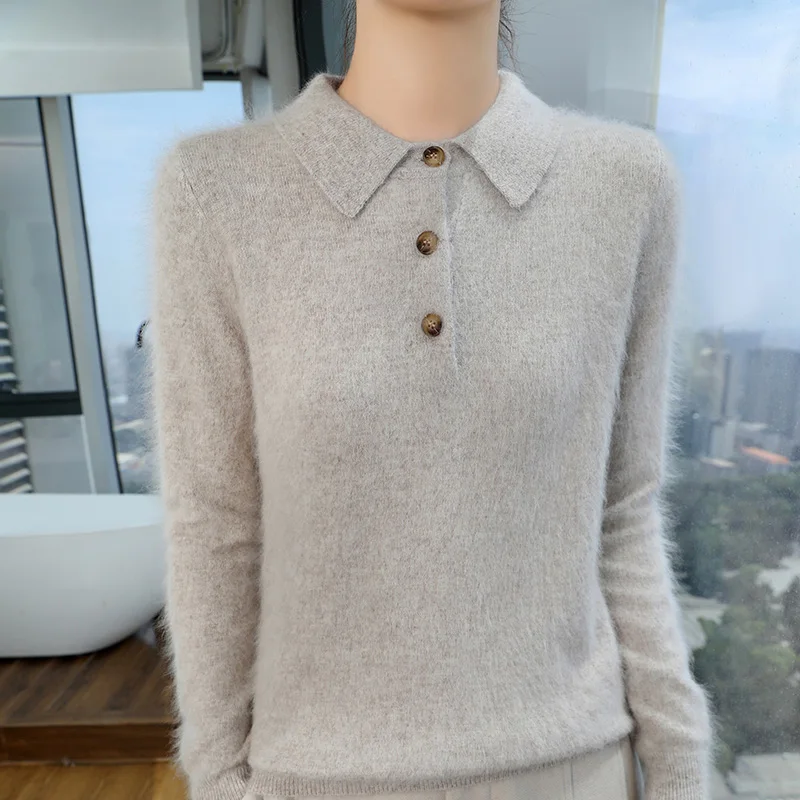 Осенне-зимний женский свитер Bew 100% норковый кашемировый воротник поло вязаный