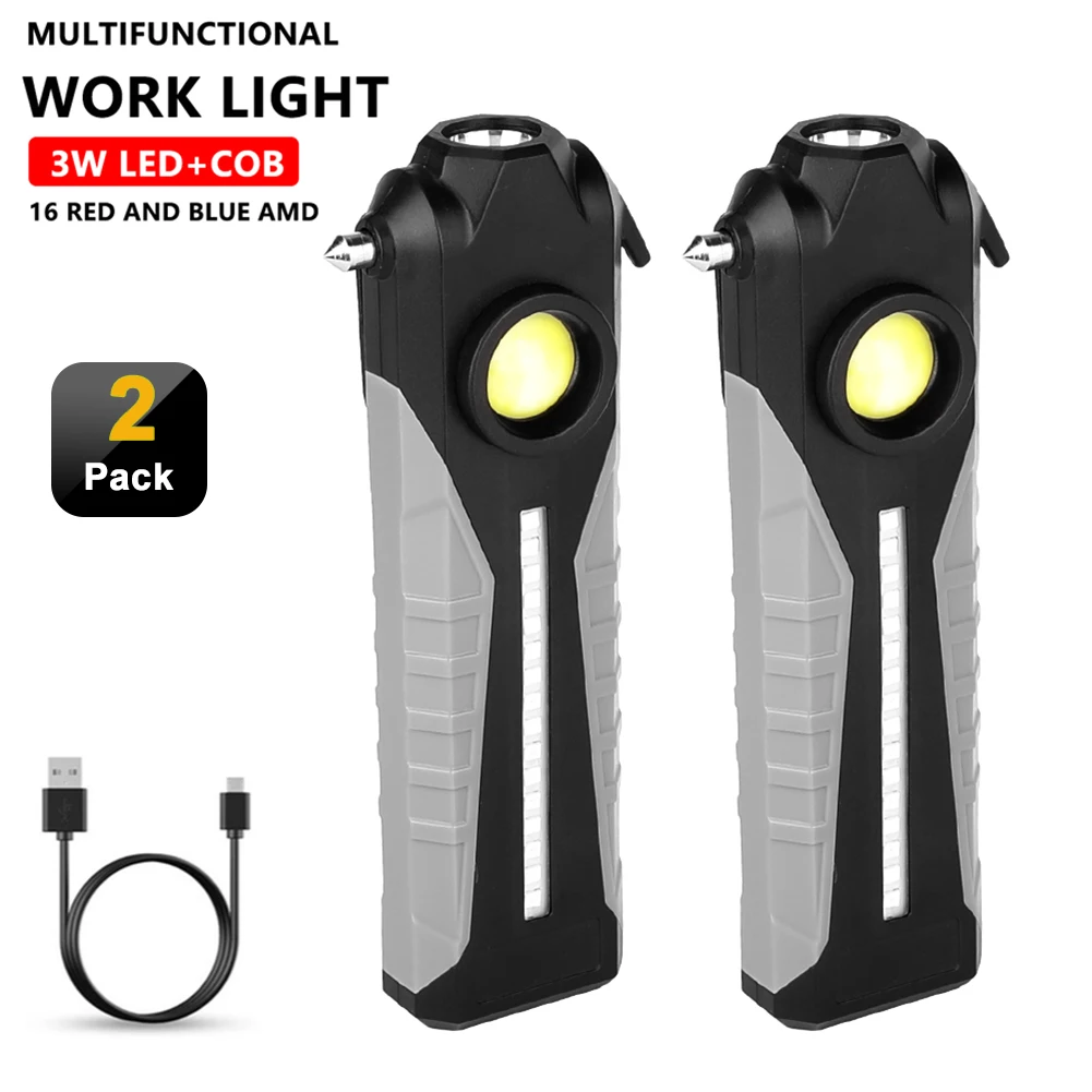 

Multifunction COB Work Light USB Rechargeable Flashlight with Safety Hammer Portable Hook Camping Lantern Magnetic Service Light