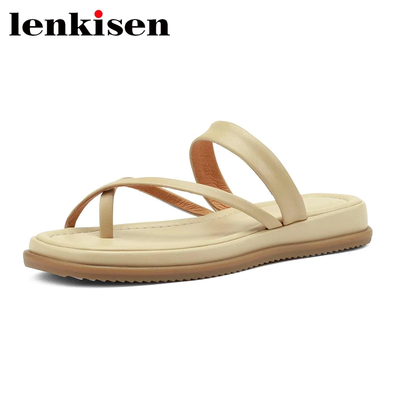 

Новинка лета 2022, Вьетнамки Lenkisen из коровьей кожи на толстой подошве, повседневная одежда для молодых девушек, простые Стильные однотонные классические женские тапочки L76