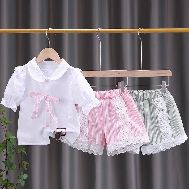 

Летний костюм для девочек Новая модная рубашка с бантом для девочек кружевные шорты модный детский летний костюм из двух предметов