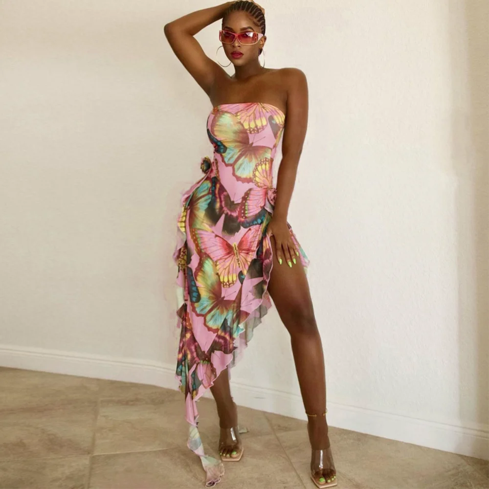 

DreamLullaby Dresses for Prom 2023 Summer New Fashion Butterfly Print Slim Irregular Backless Sheath Dress Women's Party Dresses