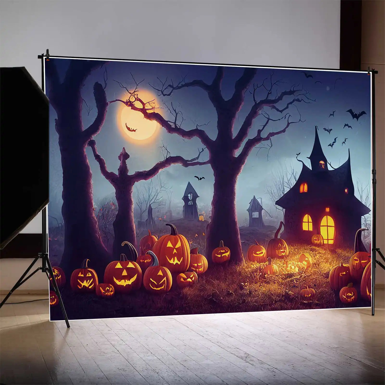 

MOON.QG задний фон для Хэллоуина фотообои синего цвета задний фон для фотобудки детское дерево багажник Луна Летающая фотография