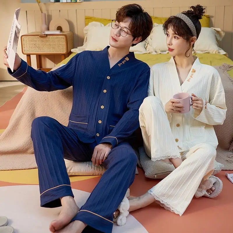 Two sets of price  Couples' pajamas Women's autumn and winter cotton long-sleeved cardigan Men's pajamas Home clothes Spring