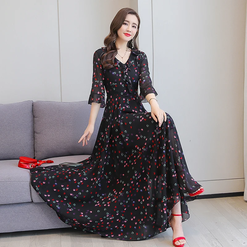 

2022 Black Chiffon Print Boho Beach Maxi Sundress Summer Casual V-neck Short Sleeve Dresses Women Bodycon Nigth Party Vestidos