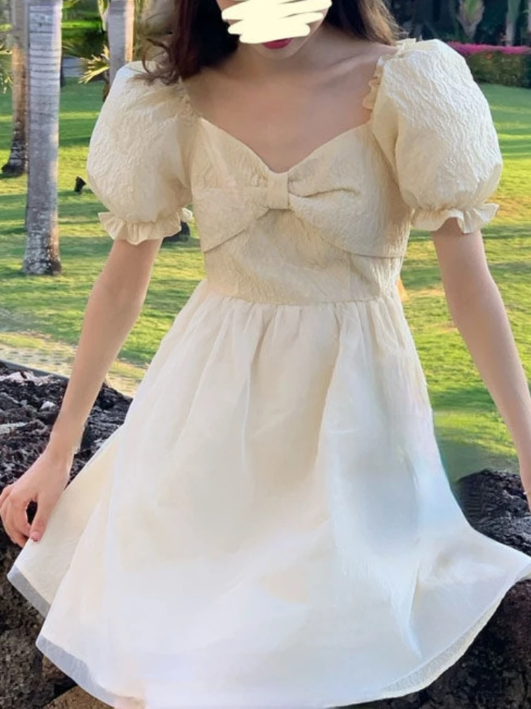 

2022 Summer Sweet Elegant One Piece Dress Korea Casual Fairy Y2k Mini Dress Woman Chic Pure Color Short Party Dress Short Sleeve