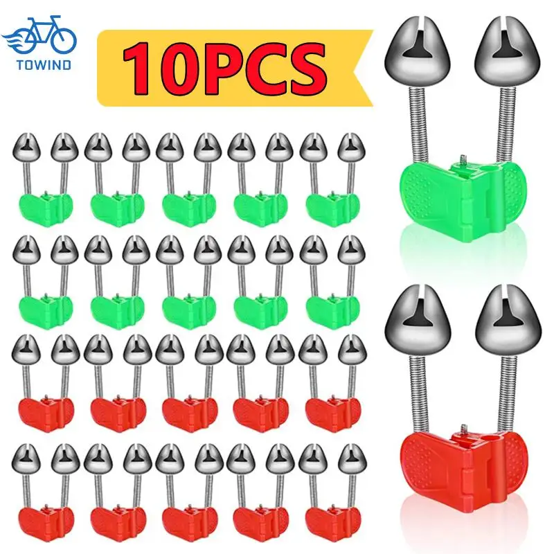 Newest 10PCS Rod Tip Clamp Fishing Pole Fish Bite Lure Alarm Alert Twin Bell Ring Clip Fishing Bell Green Red Fishing Accessory