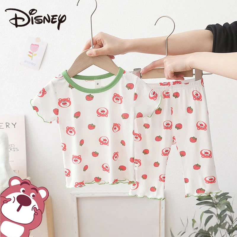 

Disney Strawberry Bear Ice Silk Children's Pajamas Set Summer Short-Sleeved Sleepwear Breathable Sweat Wicking Home Casual Wear