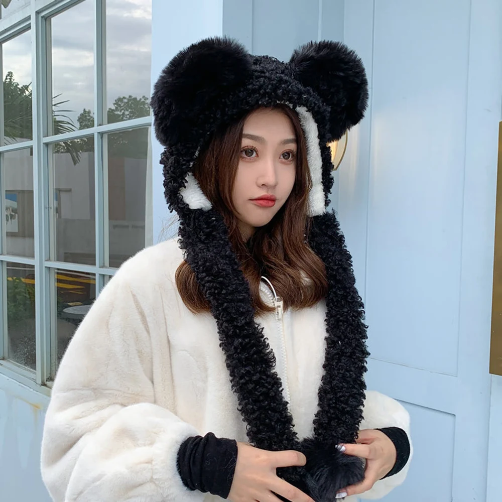 

Fashion Women Warm Winter Hat Plush Cute Bear Ears Solid Color Beanies Windproof Wool Protect Ear Outdoor All-match Cap Female