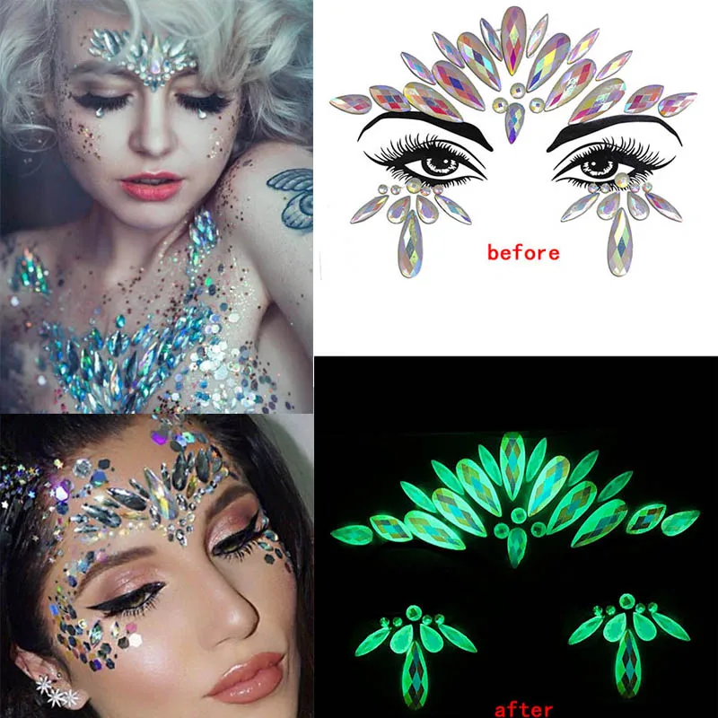 

Noctilucous Adhesive Rhinestones Face Sticker Music Festival Fashion Decorate Glitter Glass Crystal Makeup Stickers Applique DIY