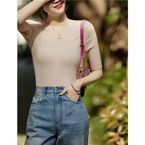 Женская Летняя трикотажная футболка из вискозы с круглым вырезом тонкий свитер