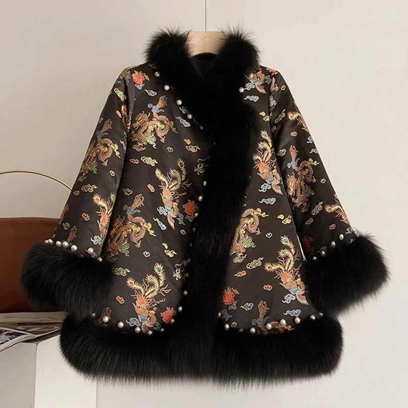 Embroidery Fur Jacket Women Faux Fox Fur Coat Office Lady Elegant Thick Warm Winter Luxury Furry Jacket 2022 Winter Outerwear
