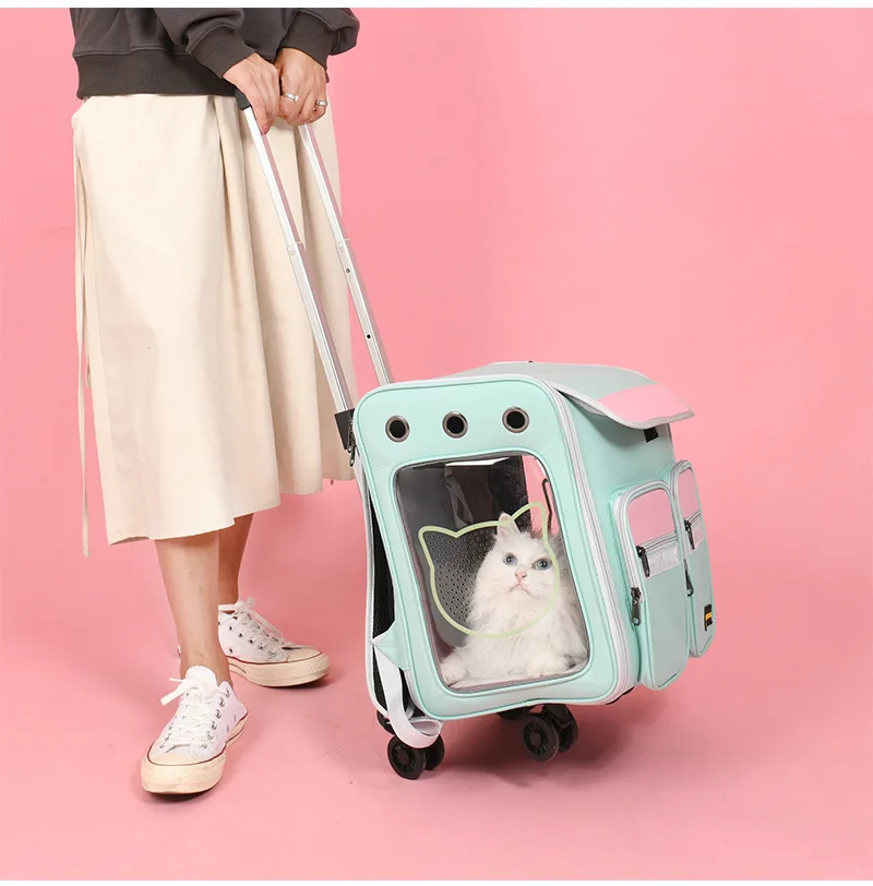 

Breathable Pet Stroller for Cats Portable Roller Suitcase Trailer Car Travel Transport Bag Large Space Cart Trolley Cat Backpack