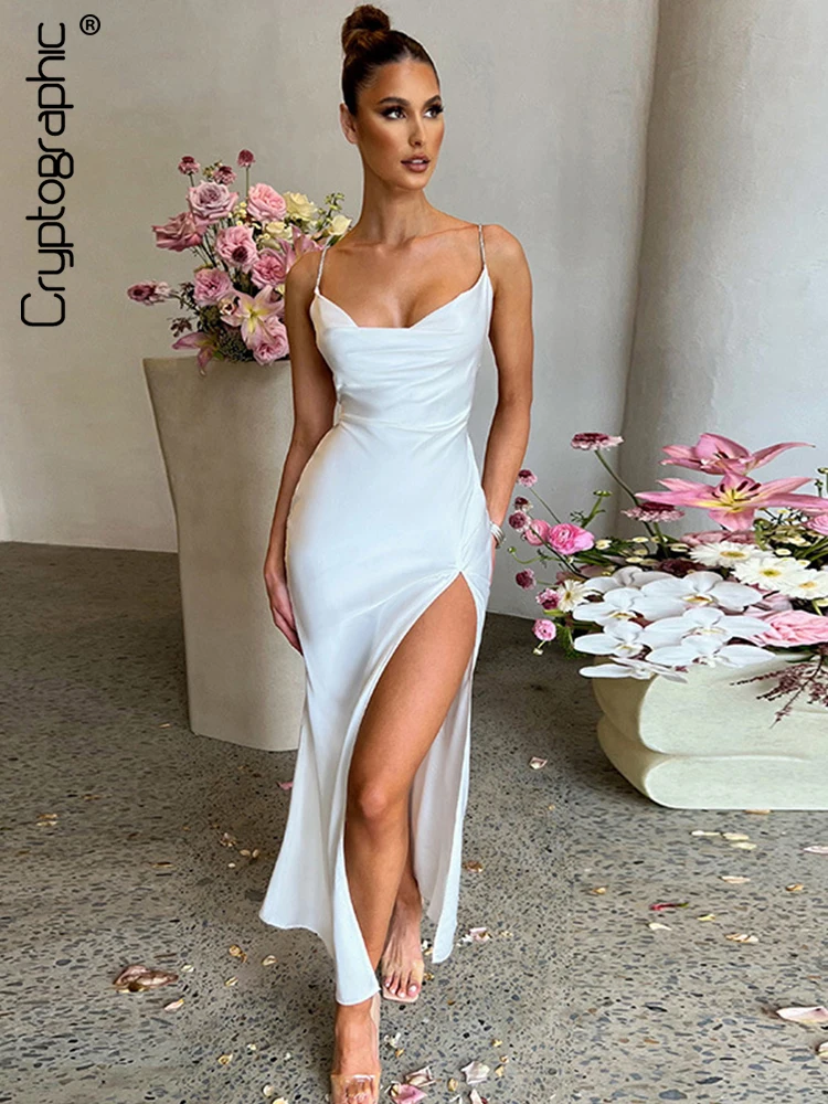

Cryptographic Spaghetti Strap Satin Draped Maxi Dress for Women Elegant Sexy Backless Bandage Slit Dresses Gown Vestido Clothes