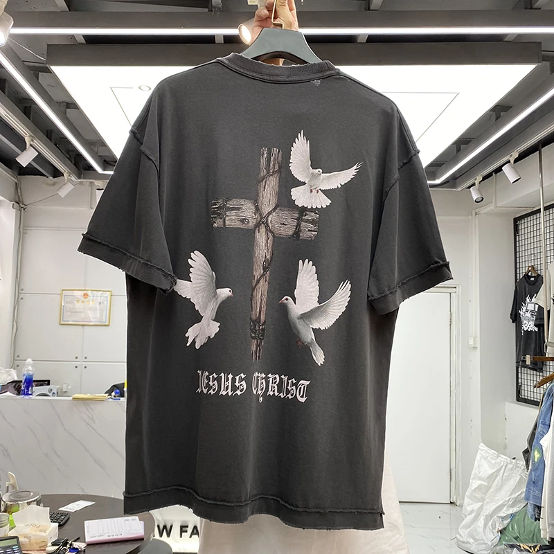 

Oversize Summer Vintage T Shirt Men Women High Quality Religious Portrait Cross Dove Print Short Sleeve Tee Casual Washed Tees