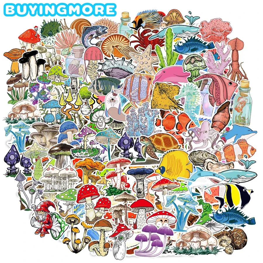 

10/100 PSC Ocean Animal Stickers for Laptop Suitcase Car Fridge Motor Cartoon Mushroom Stickers for Kids Toys Graffiti Stickers