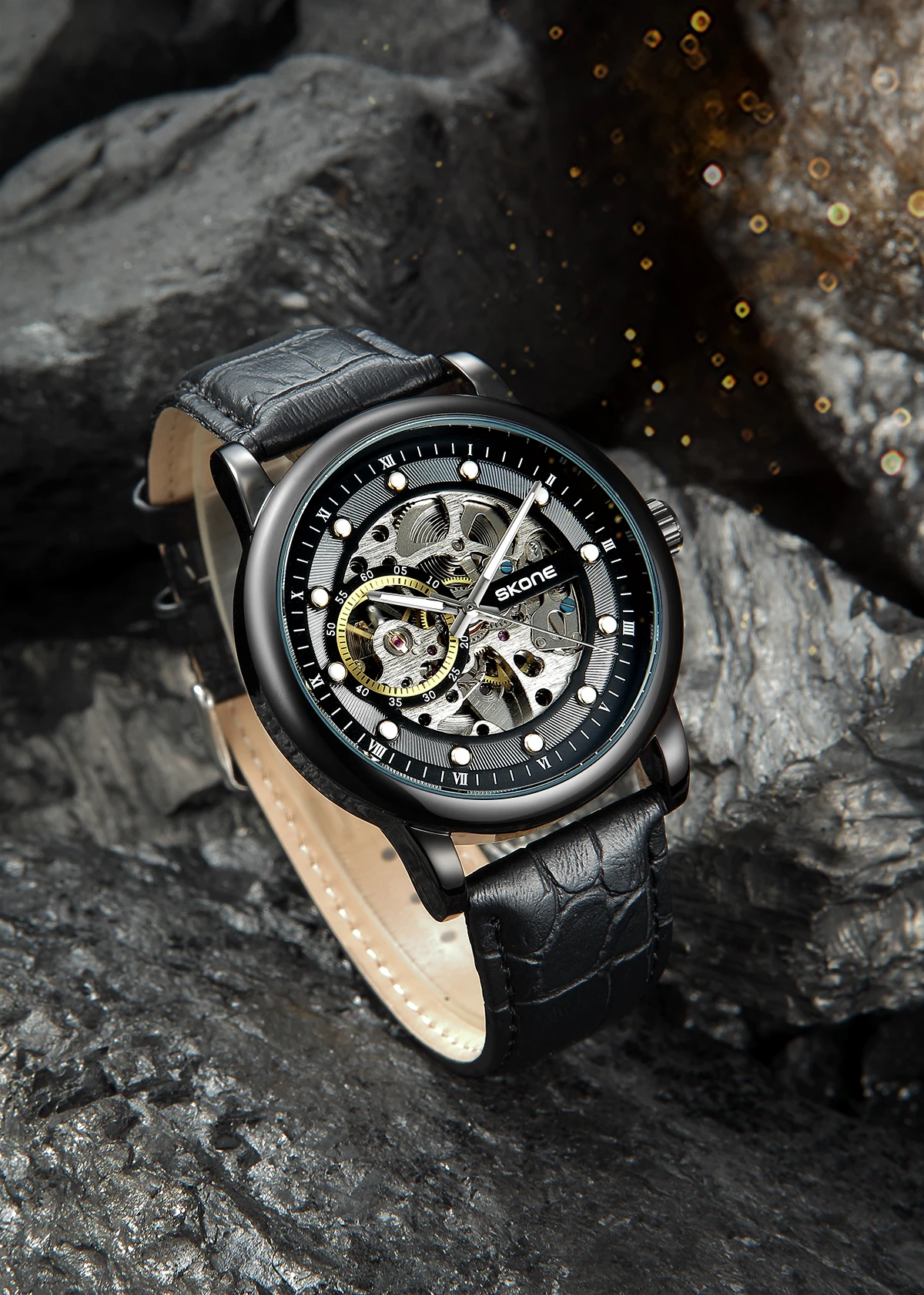 Фото SKONE Black Warrior Watch Мужские модные модные студенческие водонепроницаемые часы с ночником, полностью автоматические механические часы №2