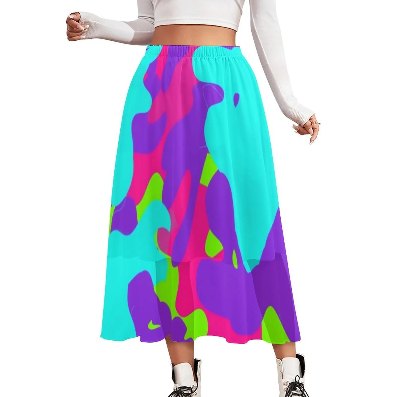 

Neon Camo Skirt Camouflage Print Vintage Long Skirts Summer Korean Fashion Elastic Waist Chiffon Graphic Oversized A-line Skirt