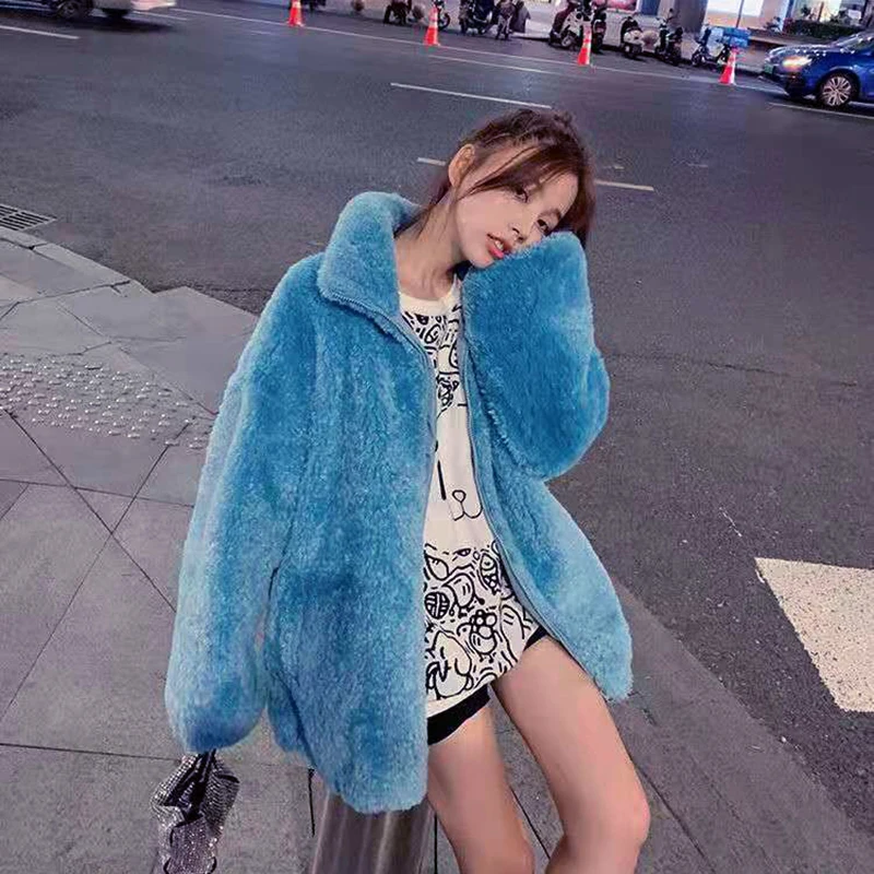autumn/winter faux fur coat women fashion warmth soft plus velvet thick zipper lamb fur coat fluffy comfortable loose coat women