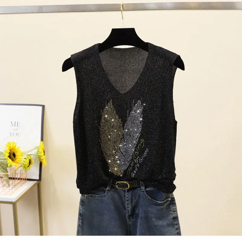 

2022 New Rhinestone korean Summer knit Tank Top for Women Sleeveless Knit vest Top White Black Women's loose Camisole tops Black