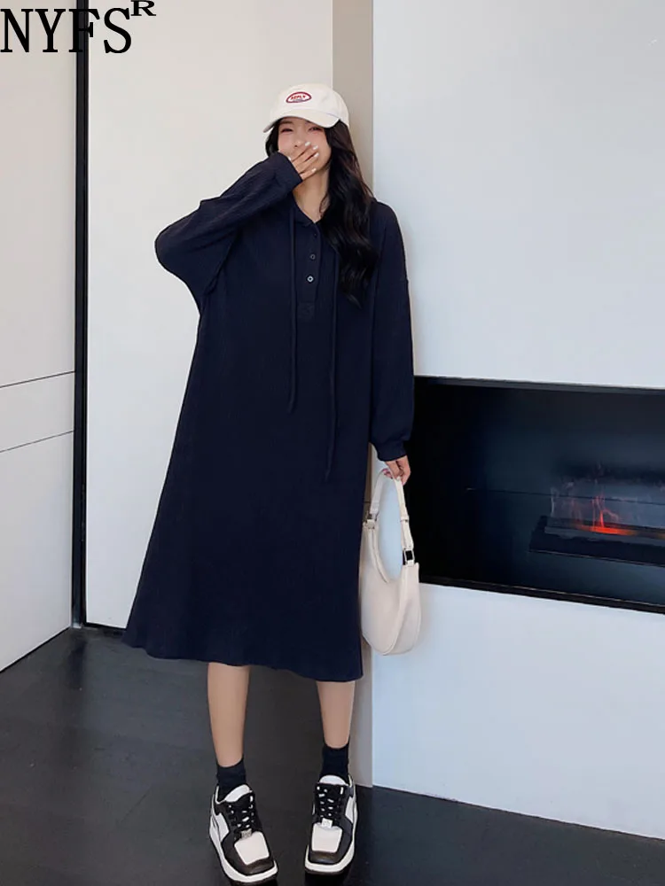 

NYFS 2023 Autumn New Korea Woman Dress Vestidos Robe Femme Elbise Solid Color hooded Long Sleeve Dress