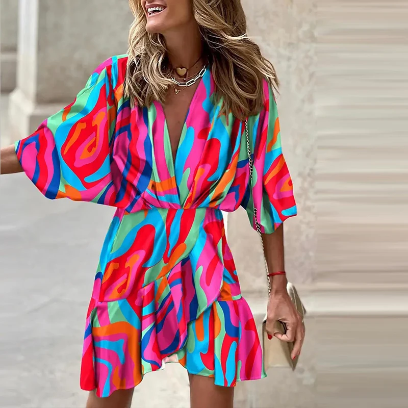 

Women Deep V-neck Mini Beach Dress Summer Batwing Sleeve Party Dresses Girls Irregular Hem Printed Sundress Robe De Plage