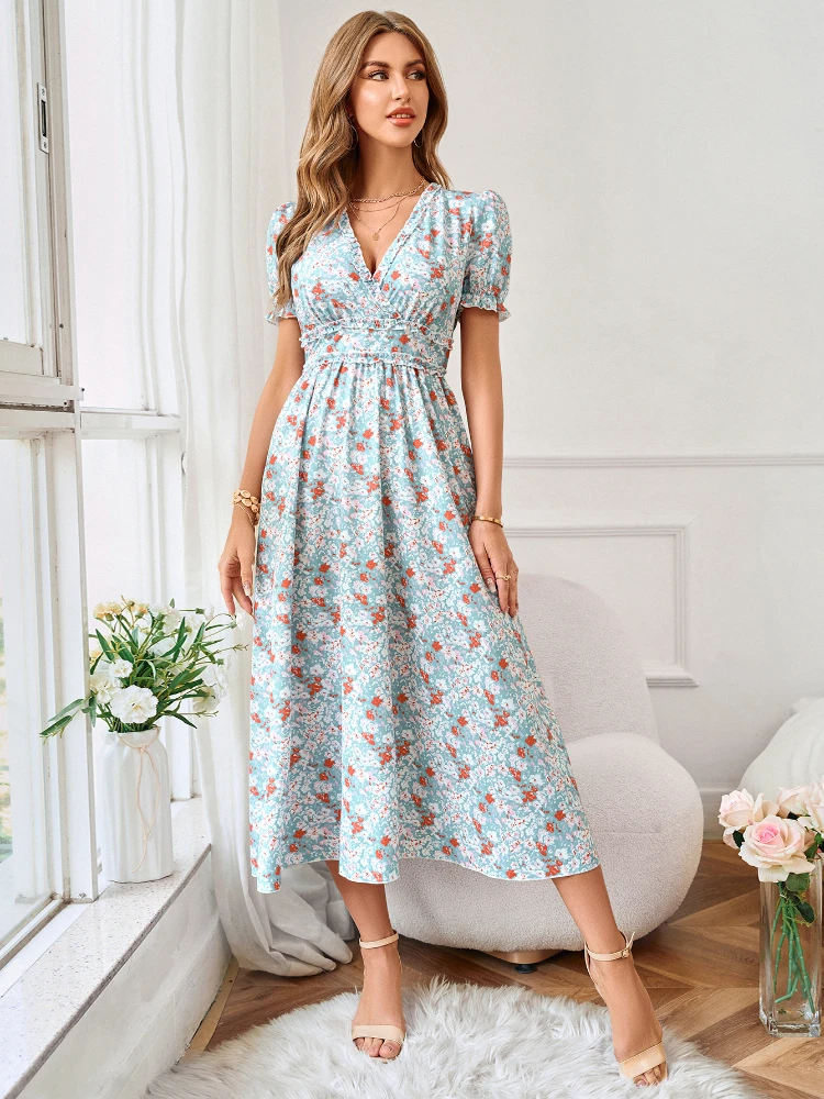 

Женское облегающее платье миди с цветочным принтом, коротким рукавом и V-образным вырезом