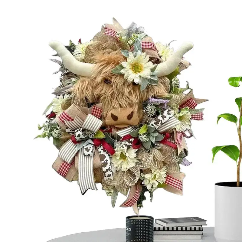 

Cow Front Door Wreath Bow Leaves Welcome Home Decorations For Front Porch Wooden Spring Front Porch Decor Highland Cow Heads For