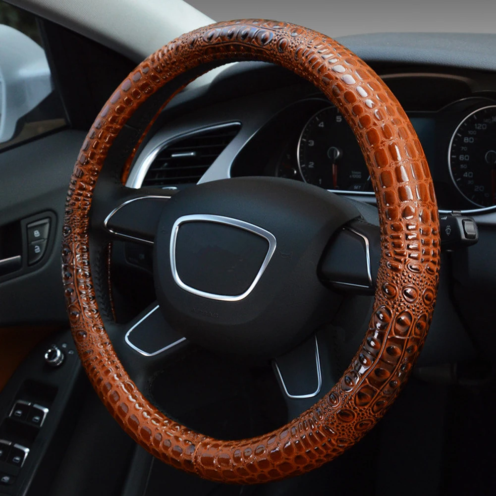 

38cm Universal Auto Interior Styling Auto Car Steering Wheel Cover Leather Crocodile Pattern Car Wheel Cover Black Brown Blue