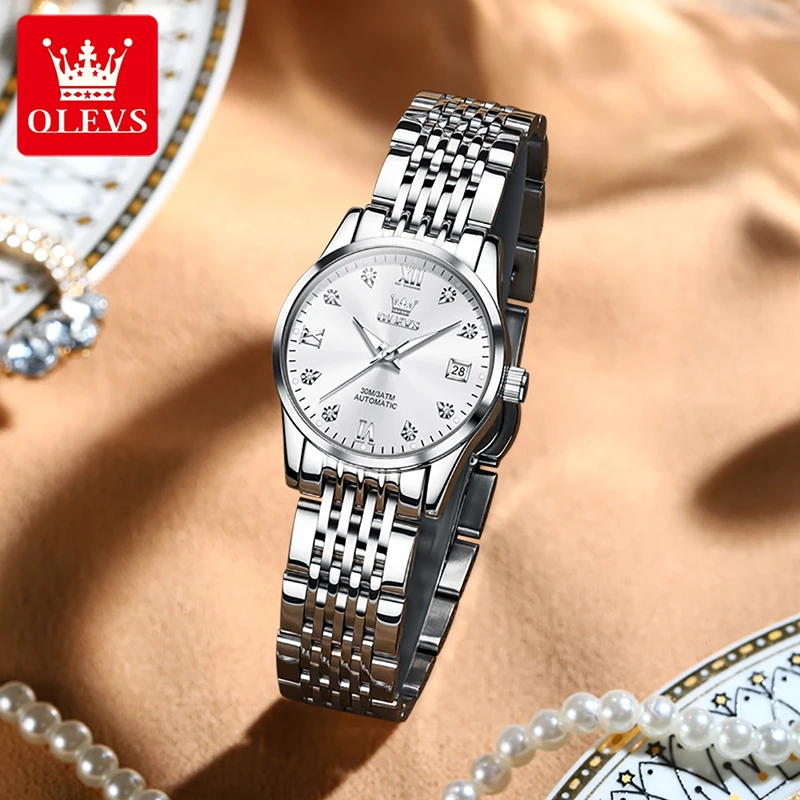 OLEVS 2022 New Women Mechanical Watches Casual Fashion Women Watch Simple Dial With Calendar Luminous Waterproof Clock Suit 6673