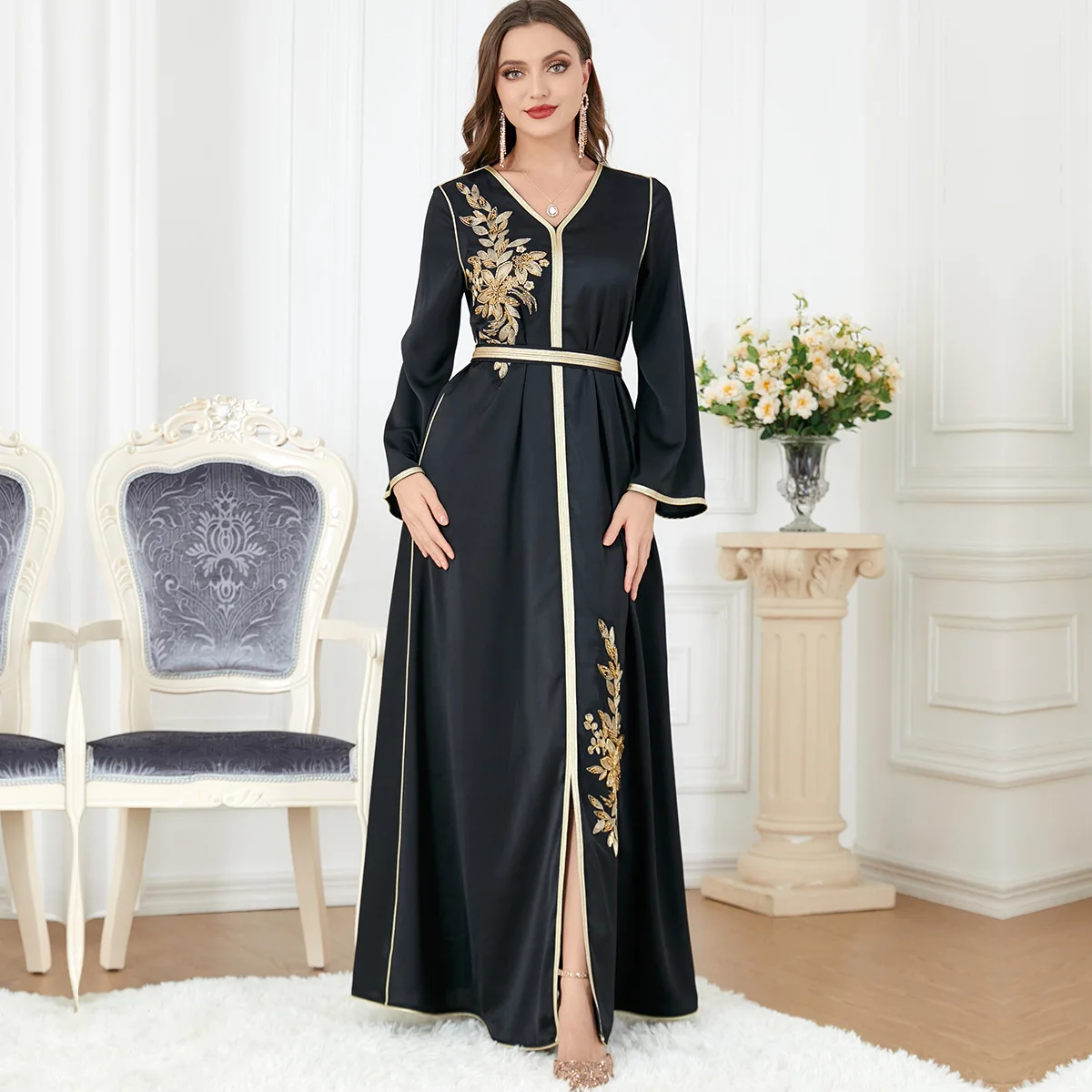 Women Muslim Elegant Black Chiffon Embroidery V-neck with Belt Robe Dubai Abaya Arab Islamic Women Moroccan Kaftan Dress