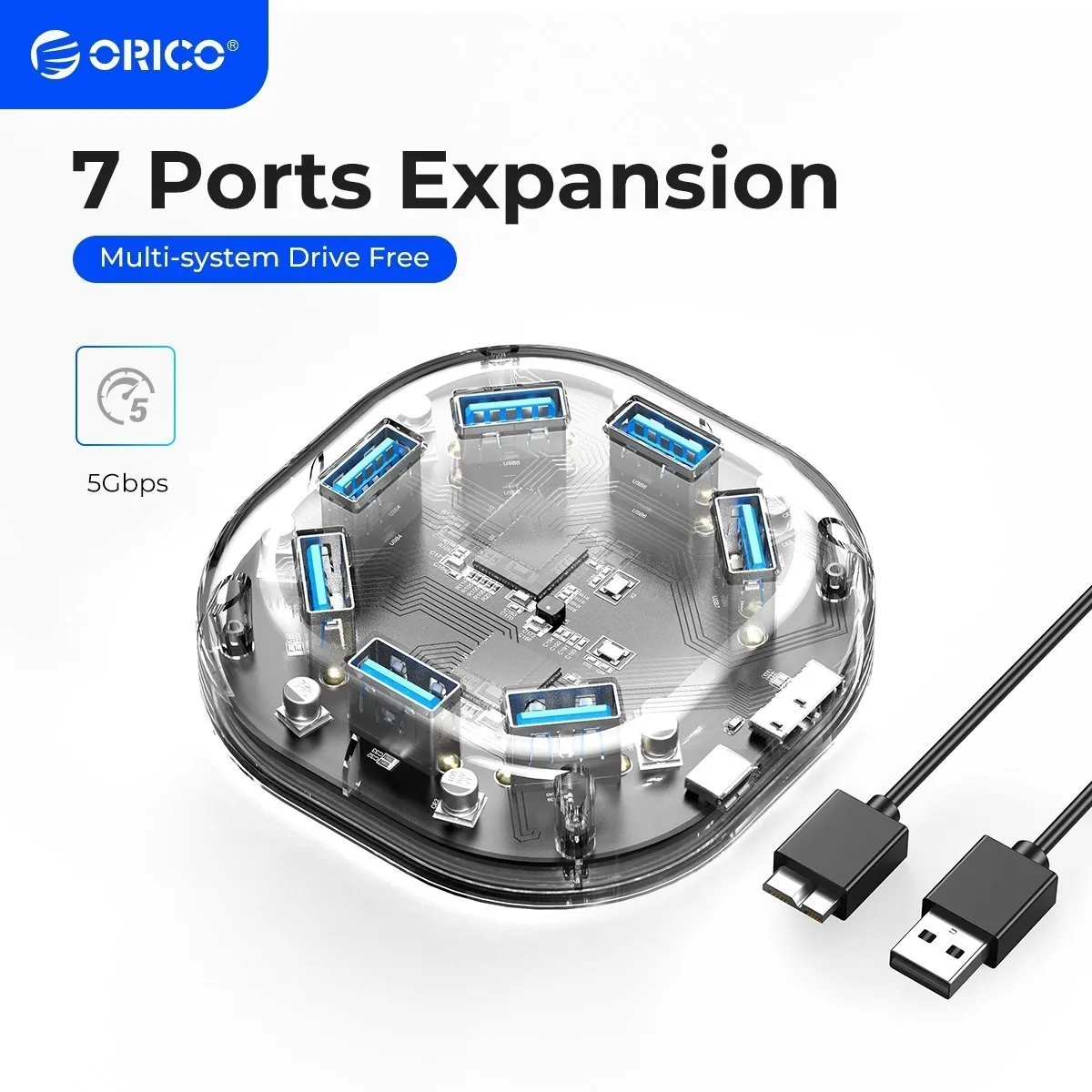 

ORICO Transparent Series USB HUB Multi 4 7 Port High Speed USB3.0 Splitter With Micro USB Power Port For Laptop PC OTG Adapter