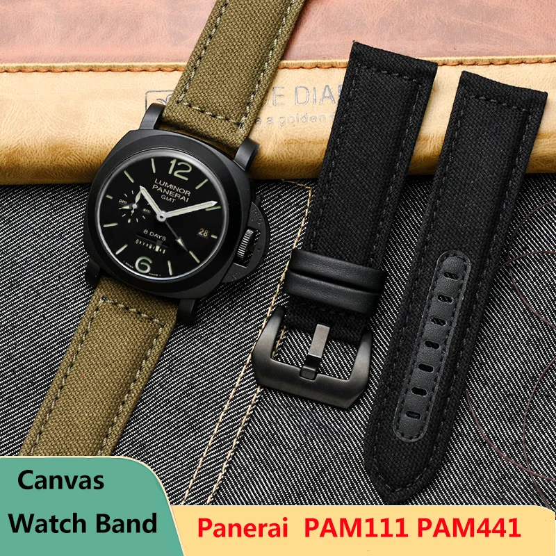 PAM111 PAM441 Canvas WatchBand 20MM 22MM 24MM For Panerai Nylon Leather Watch Strap Waterproof Sport Men Accessories Black Khaki