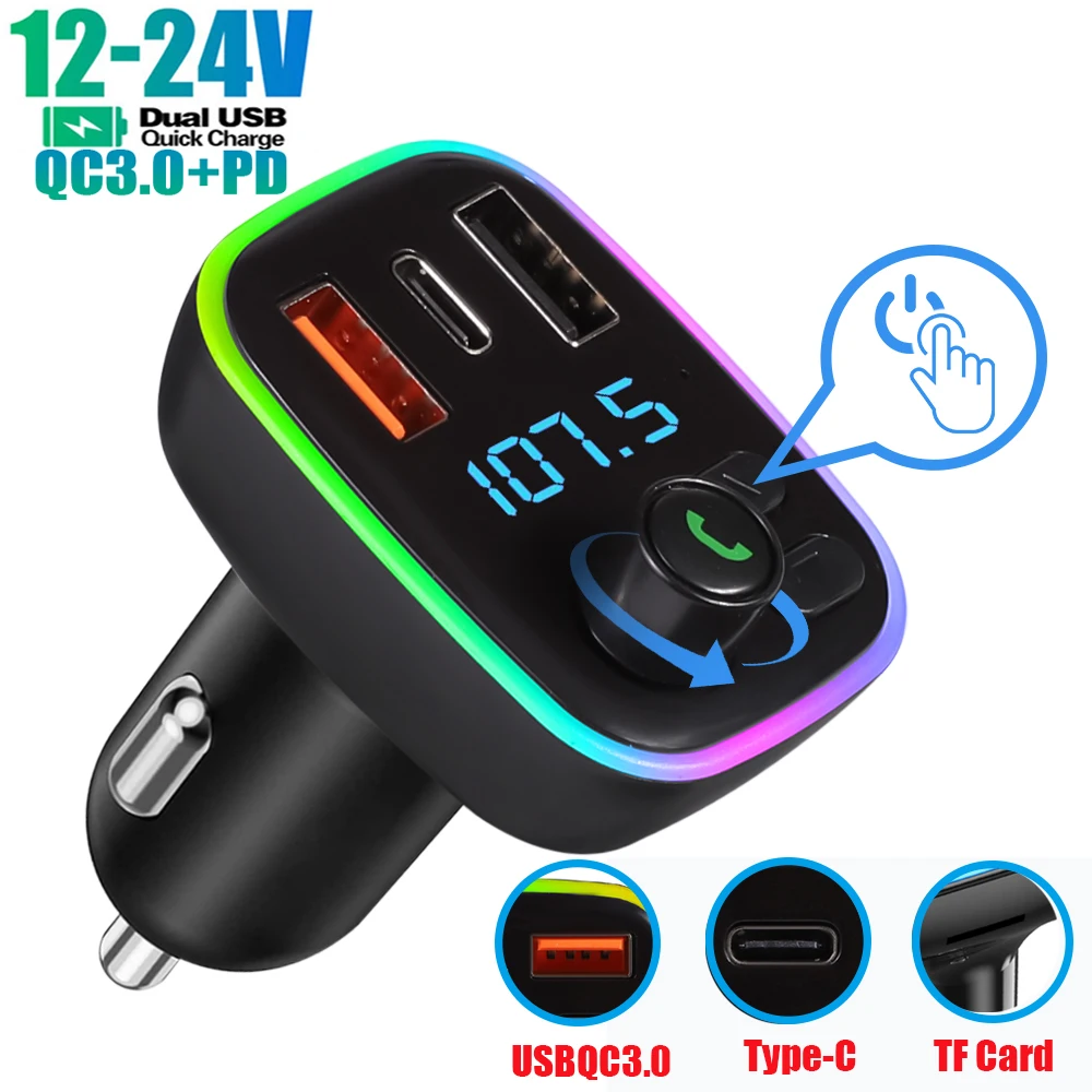 

Car Bluetooth 5.0 FM Transmitter Car Kit PD 18W Type-C Dual USB 4.2A Fast Charger Ambient Light Handsfree MP3 Modulator Player