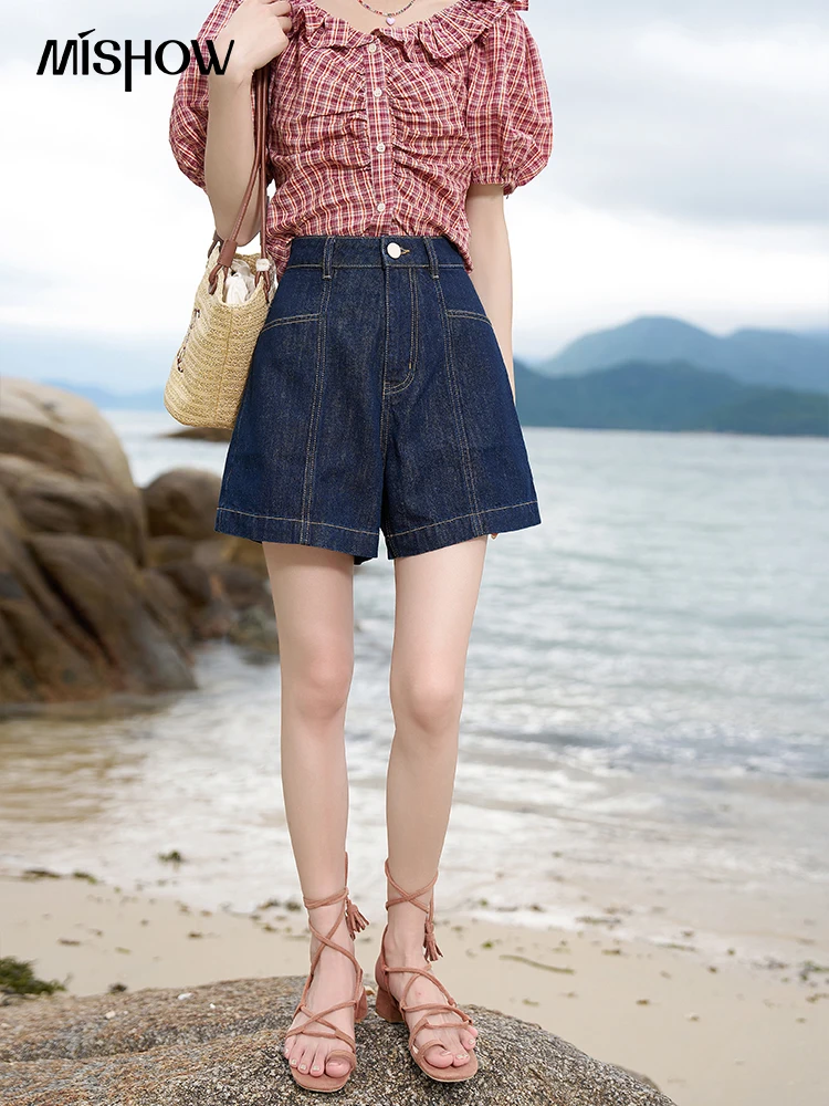 MISHOW 100Denim Cotton Shorts for Women 2023 Summer High Waist A-line Pocket Wide Leg Loose Female Casual Short Pants MXC38K0431