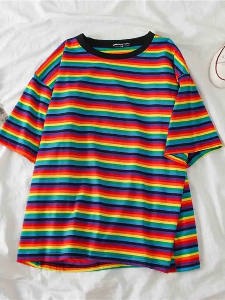 

Sweet Rainbow Stripe Women Summer T-Shirt Minimalist Short Sleeve Women clothes Tops tee shirt couple clothes tshirt top