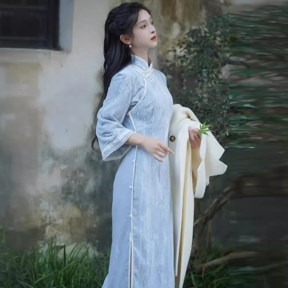 2024 женское новогоднее синее платье Cheongsam в китайском стиле улучшенное винтажное