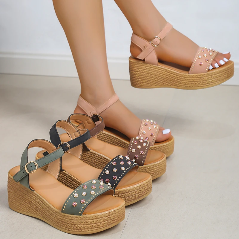 

New Summer Platform Wedge Sandals Beaded Open Toe Ankle Buckle Strap Fashion Modern Shoes Ladies Female 2022 Large Size 35~41