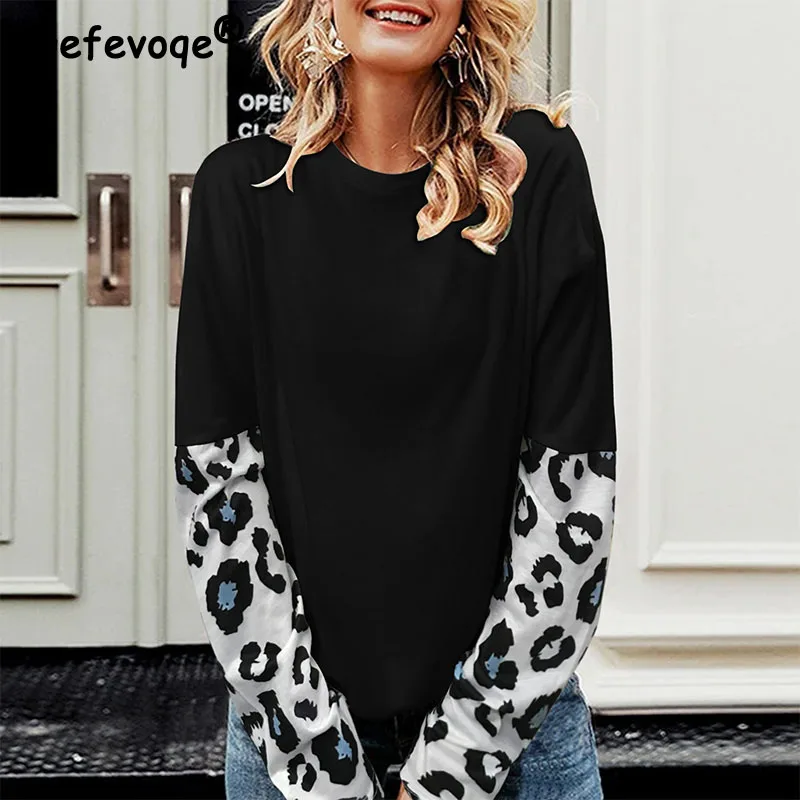 Купи Leopard Pattern Spliced Cotton Basic Top Tee O-Neck Spring Summer Black White Colour Loose Long Sleeve Women T-Shirts Pullover за 1,024 рублей в магазине AliExpress