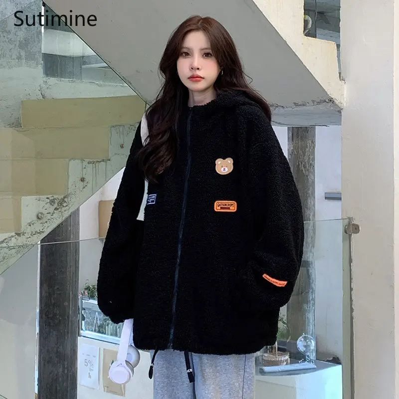 Winter Clothes Women Office Lady Lamb Wool Cotton Coat Women's Cashmere Thickened Pockets Zipper Hooded Winter Coat Women