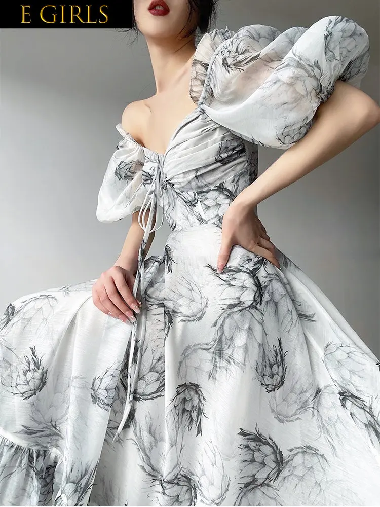 

Summer Dresses Women Vintage Floral Chiffon Office Lady Elegant Casual Midi Women Beach Short Sleeve Fashion Sun Korean Summer