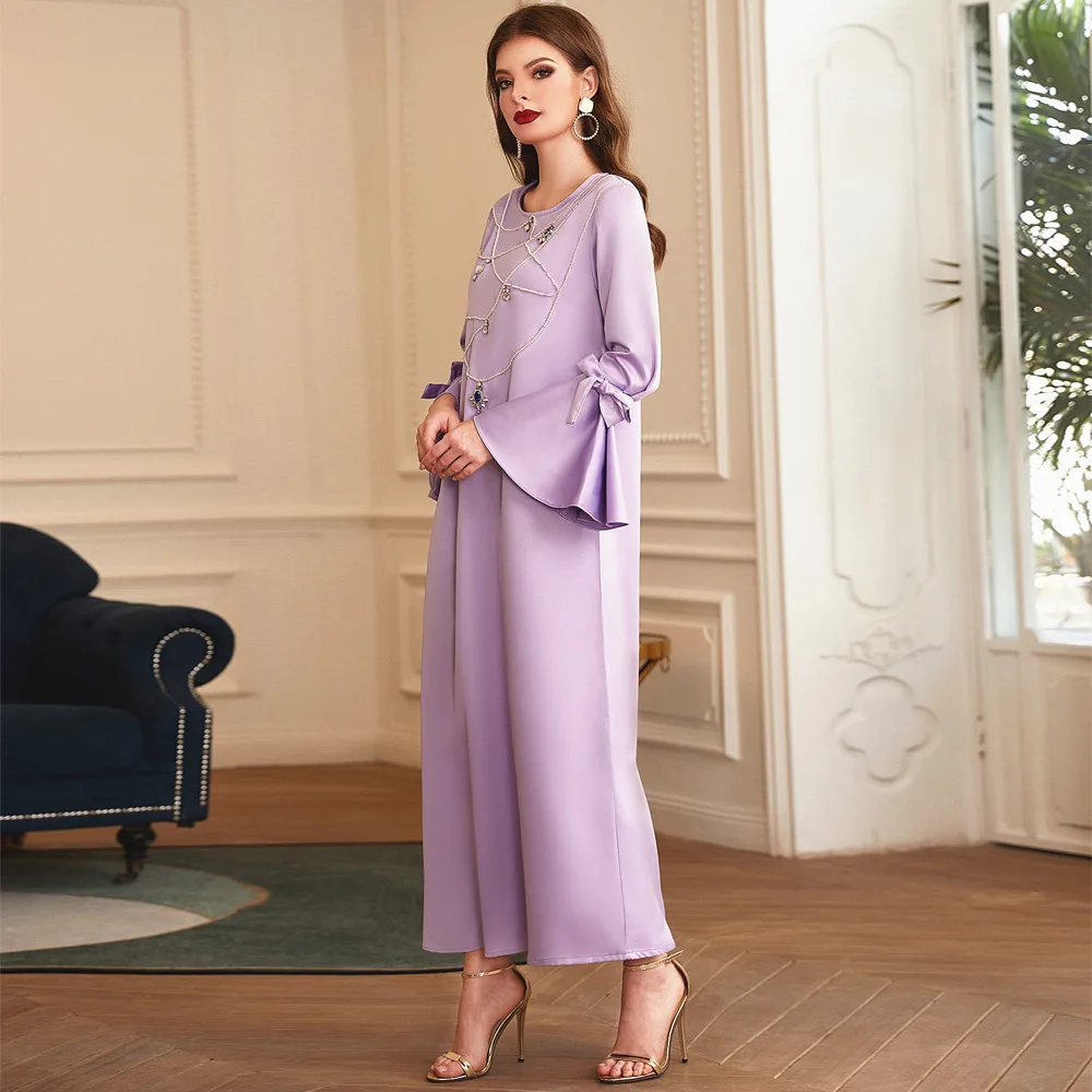 Women Spring Summer Muslim Noble Purple with Diamond Frill Sleeve Skirt Turkey India Abaya Arab Islamic Women Kraftan Gown