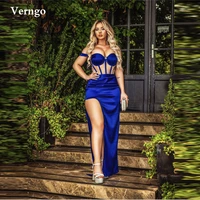 verngo blue satin long prom dresses off the shoulder bones sweetheart side slit women evening gowns sexy formal party dress