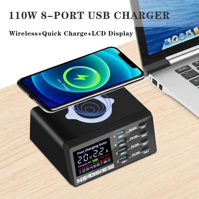 8 port lcd quick charge usb charger wireless charger usb c pd fast charger for iphone 13 12 pro macbook air samsung s20 xiaomi free global shipping