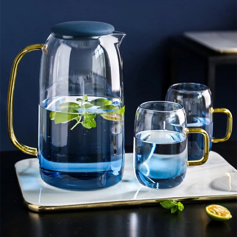 

Термостойкий стеклянный чайник 1400 мл, синее Взрывобезопасное стекло с подогревом, высокая емкость, домашний кухонный чайный набор, чайник для сока и холодной воды