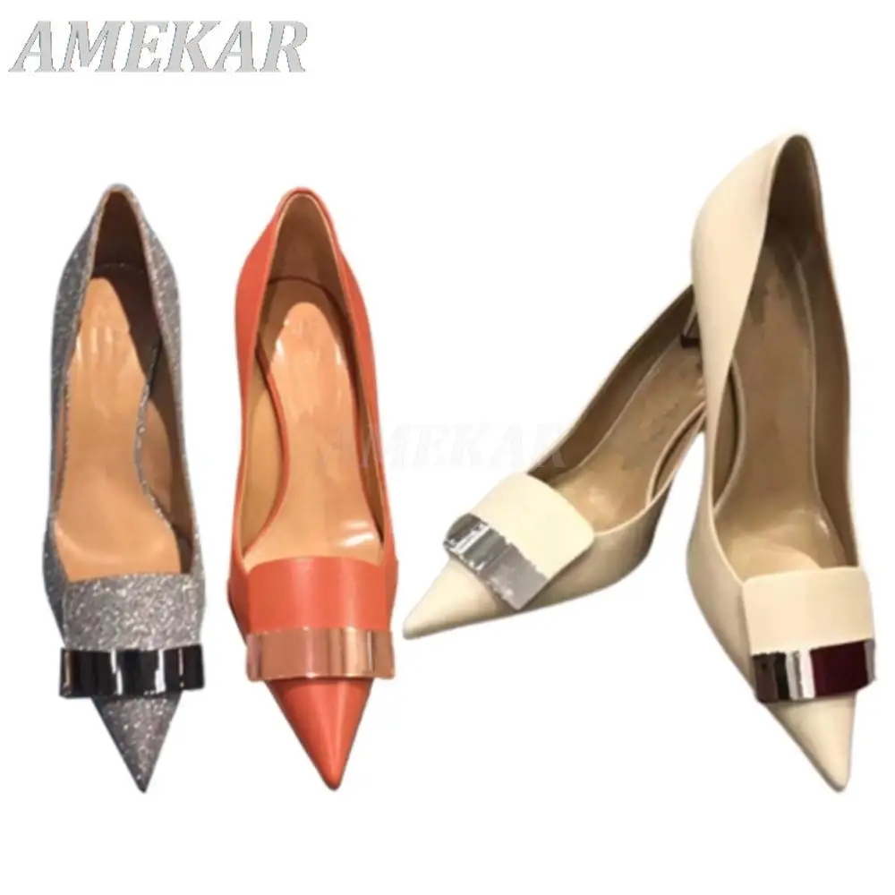 

Women Good Quality Solid Pointed-toe Pumps Shoes Four Seasons PU Leather Thin High Heels Lady Elegant Shallow Party Heels Shoes