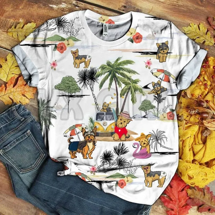 

Yorkie - Hawaii Beach Retro 3D All Over Printed T Shirts Funny Dog Tee Tops shirts Unisex Tshirt